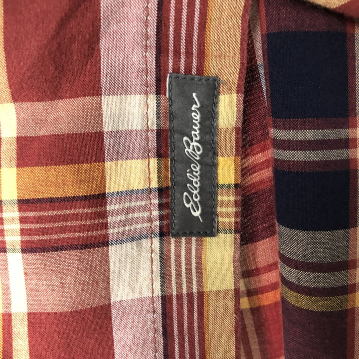 Eddie Bauer Classic Fit Short Sleeve Button-Down Check Shirt, Men's Size L cotton wine-red Vintage Second Hand