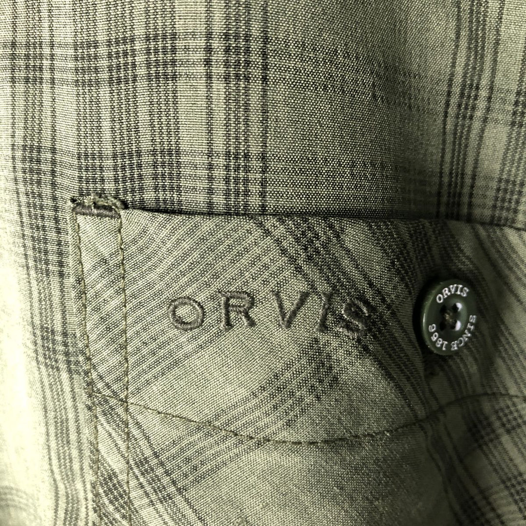 Orvis Check Pattern Short Sleeve Polyester Shirt, Men's Size XL polyester Khaki type Vintage Second Hand