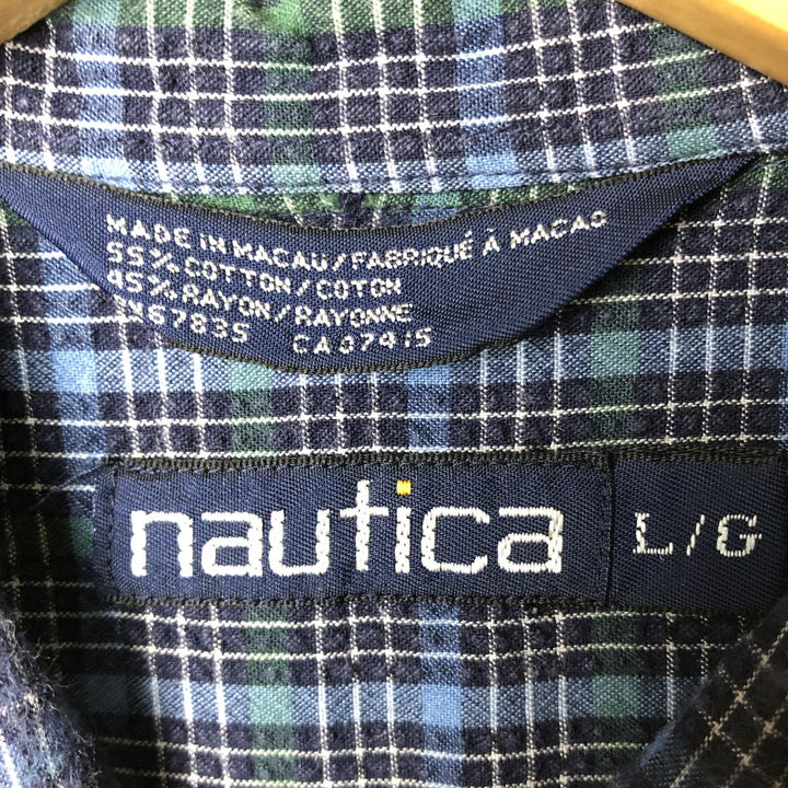 Vintage 90'S Nautica Seersucker Short Sleeve Button-Down Check Shirt, Men's Size L cotton navy blue type Vintage Second Hand