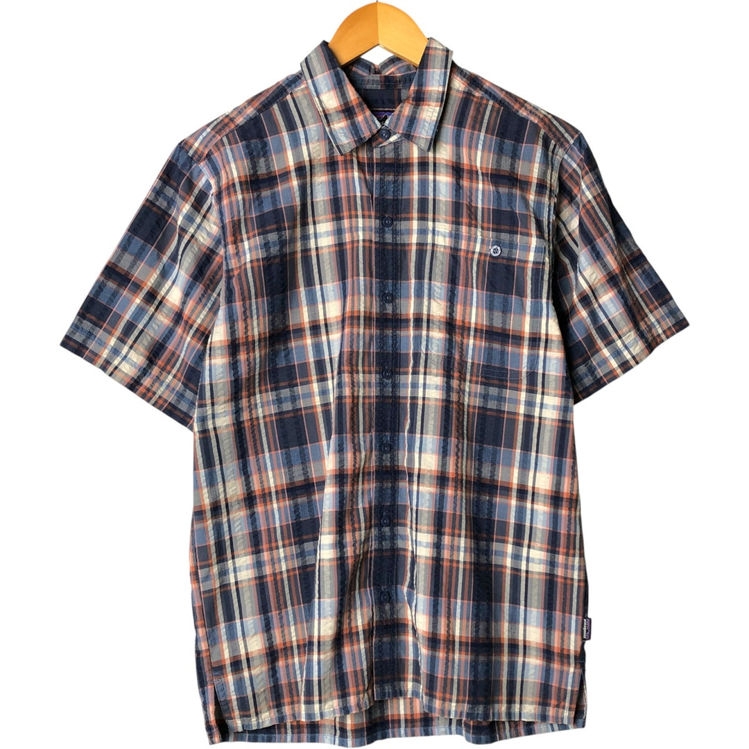 Patagonia 53004SP18 Short Sleeve Check Shirt, Men's Size Medium, Boxy Seersucker polyester navy blue type Vintage Second Hand