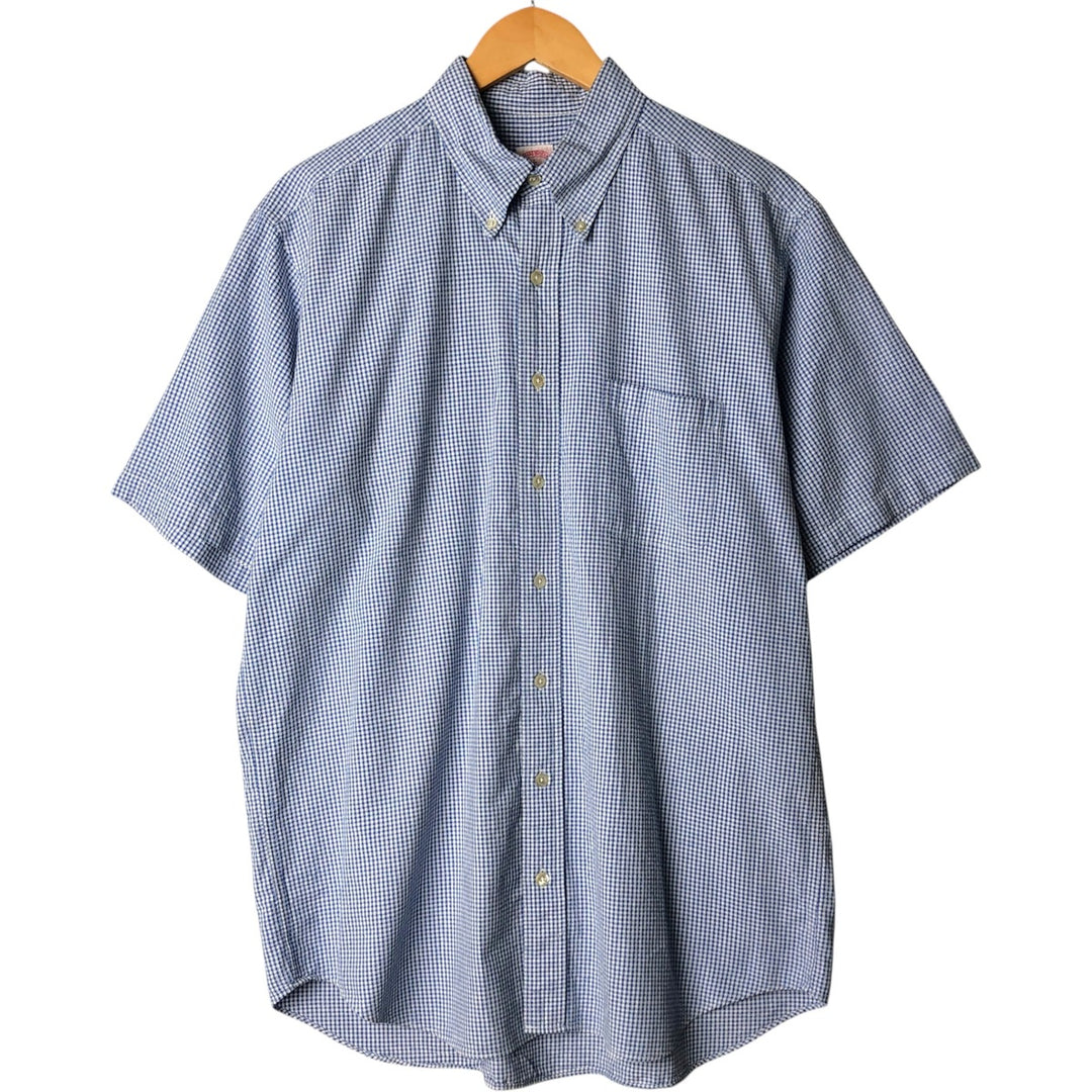Brooks Brothers Est. 1818 Gingham Check Short Sleeve Button-Down Check Shirt, Men's Size L, Seersucker cotton blue type Vintage Second Hand
