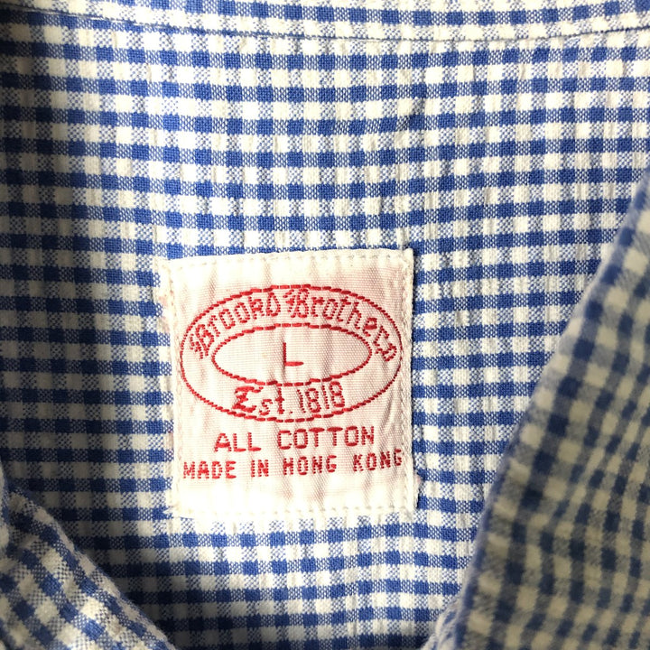 Brooks Brothers Est. 1818 Gingham Check Short Sleeve Button-Down Check Shirt, Men's Size L, Seersucker cotton blue type Vintage Second Hand
