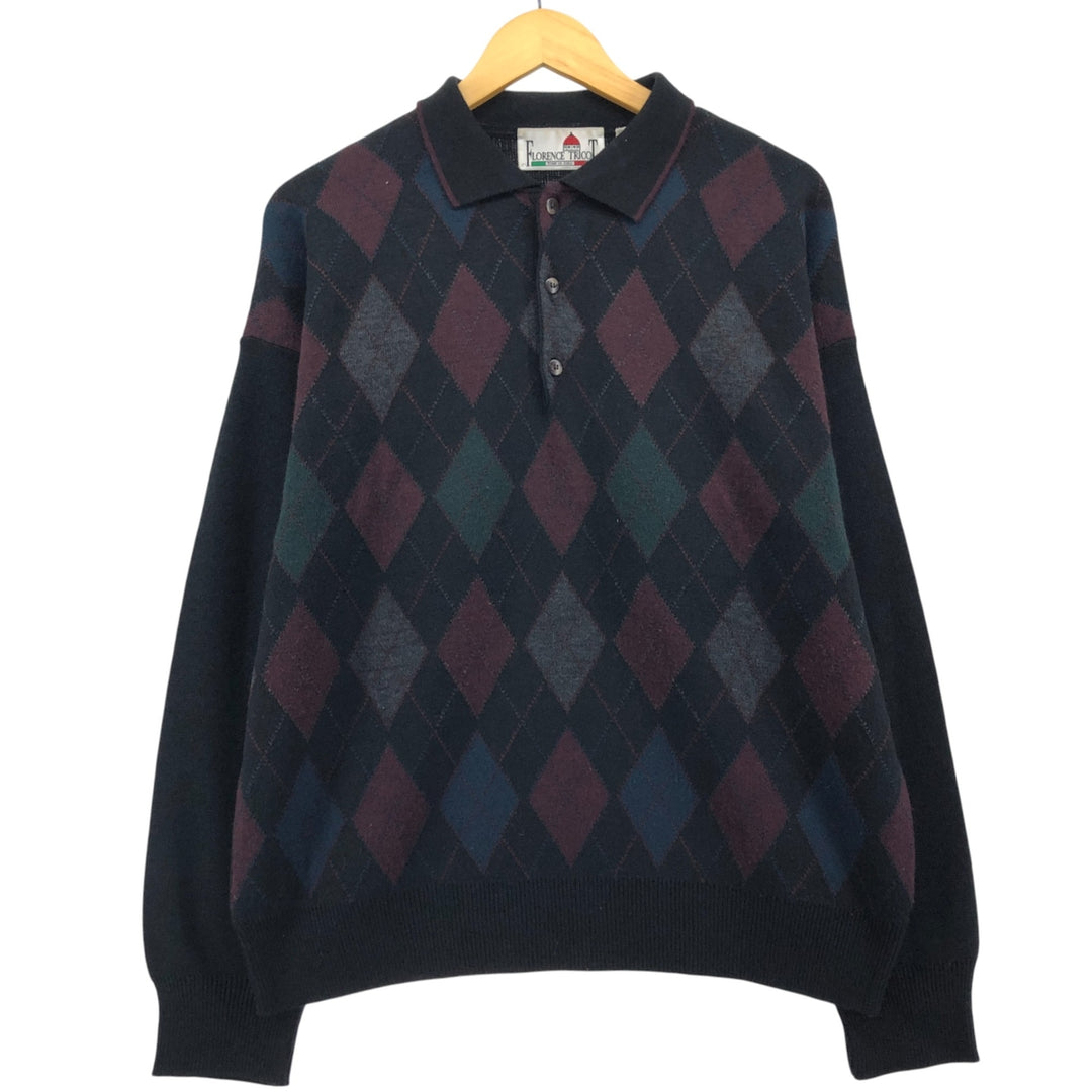 90'S Florence Tricot Argyle Pattern Polo Knit Sweater, Made in Italy, Men's Size L, Vintage acrylic black type Vintage Second Hand
