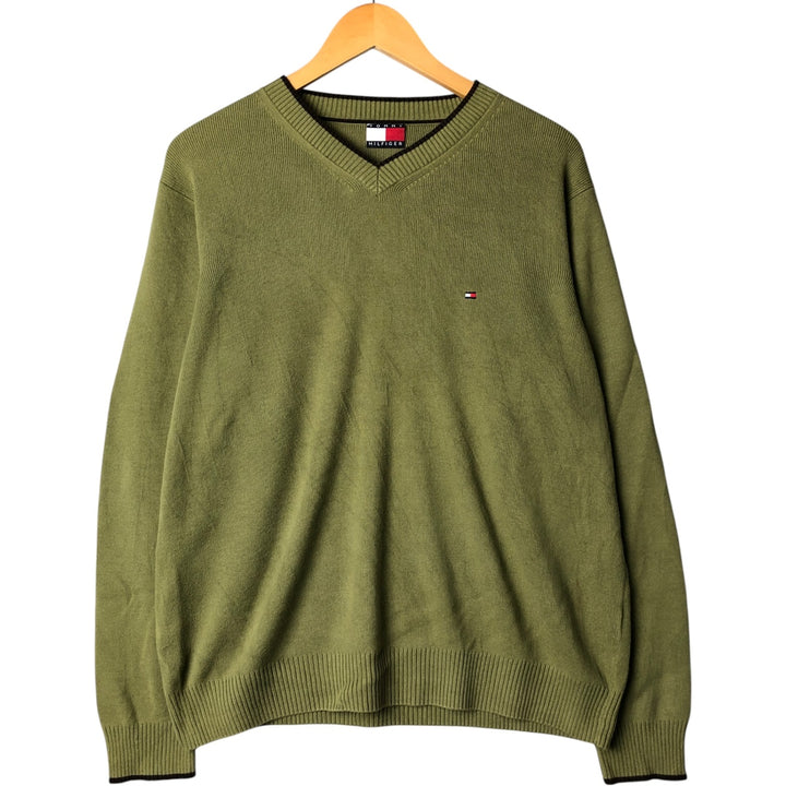 Tommy Hilfiger V-neck cotton knit sweater, men's size M cotton green type yellow green Vintage Second Hand