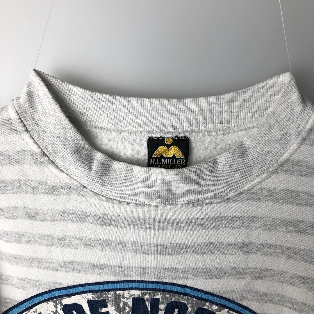 90'S H.L. Miller University of North Carolina Striped Pattern College Character Sweatshirt, Made in USA, Men's Size L polyester gray type Vintage Second Hand