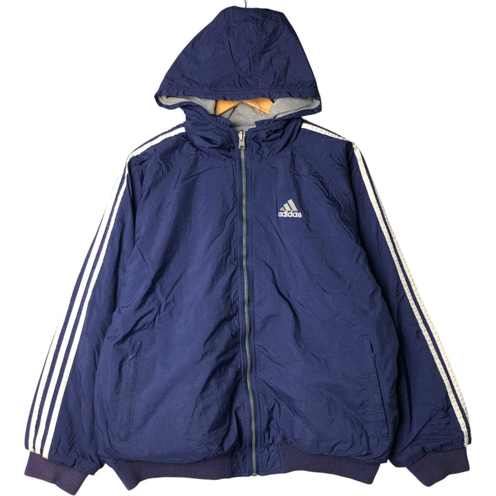 Vintage 90'S adidas reversible back logo padded hoodie/puffer jacket, size L, men's Nylon navy blue type Vintage Second Hand