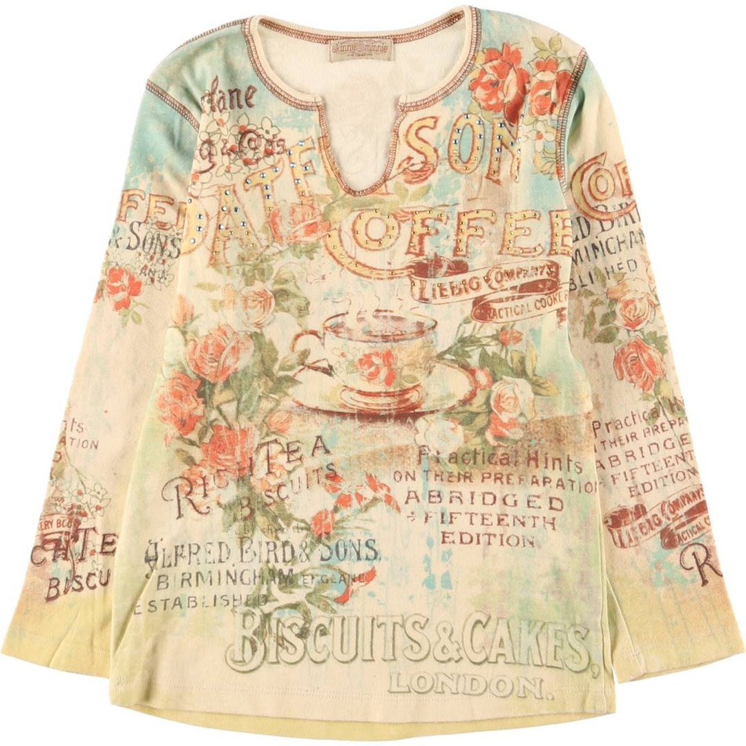 90s-00'S Skinny Minnie 3/4 Sleeve Slit Neck All-Over Print Rhinestone Long T-Shirt, Women's Size Small unclear Beige type Vintage Second Hand