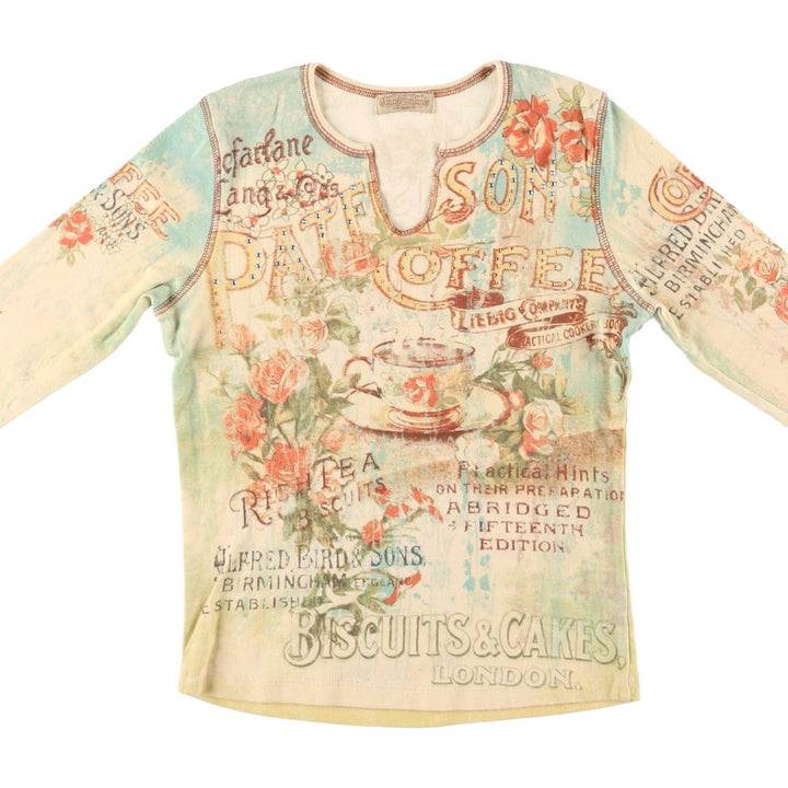90s-00'S Skinny Minnie 3/4 Sleeve Slit Neck All-Over Print Rhinestone Long T-Shirt, Women's Size Small unclear Beige type Vintage Second Hand
