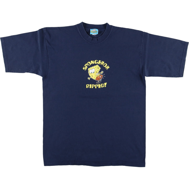 2000'S SPONGE BOB character print T-shirt, Made in USA, Men's Size L cotton navy blue type Vintage Second Hand