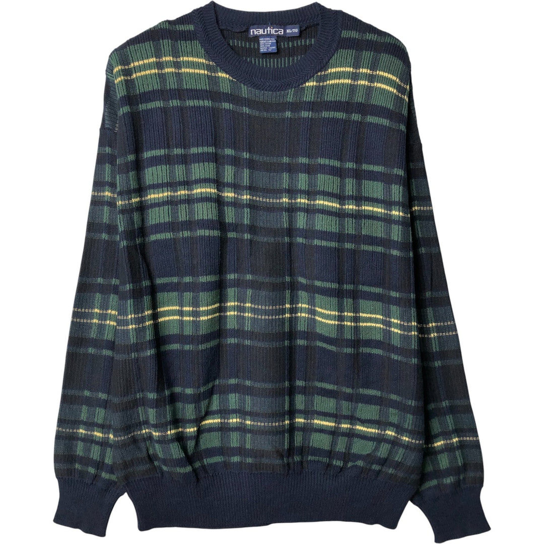 90'S Vintage Nautica Check Pattern Cotton Knit Sweater, Men's XL cotton navy blue type Vintage Second Hand