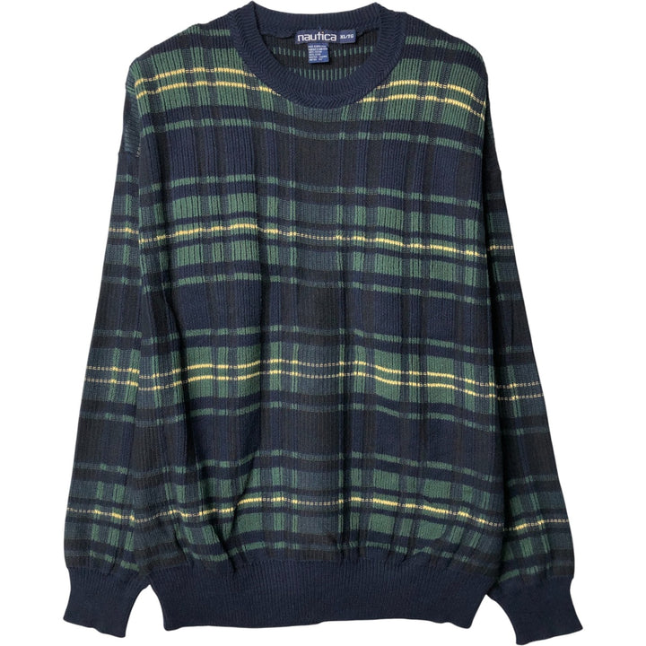 90'S Vintage Nautica Check Pattern Cotton Knit Sweater, Men's XL cotton navy blue type Vintage Second Hand