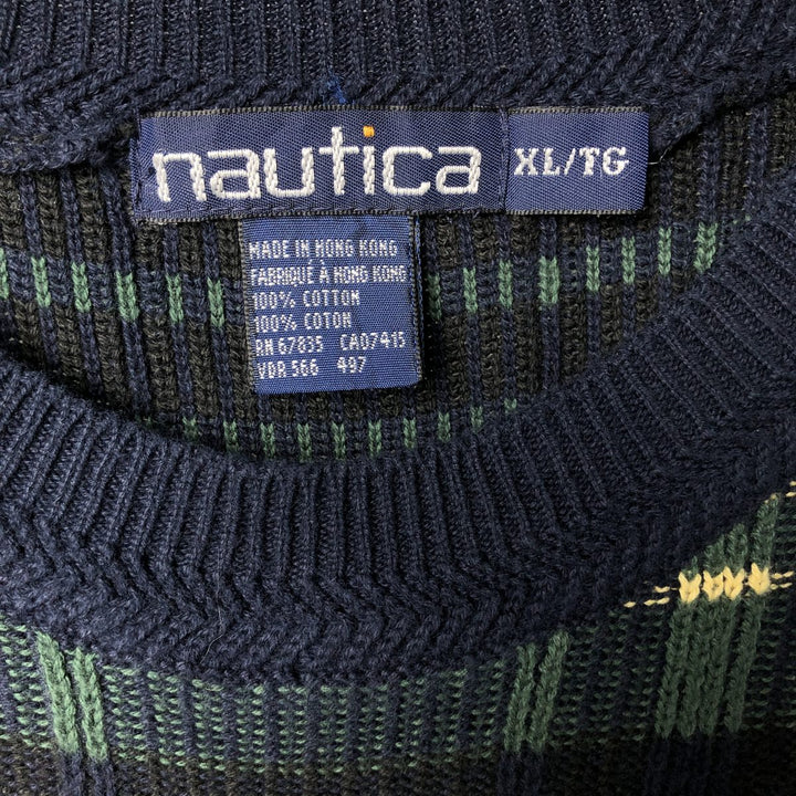 90'S Vintage Nautica Check Pattern Cotton Knit Sweater, Men's XL cotton navy blue type Vintage Second Hand