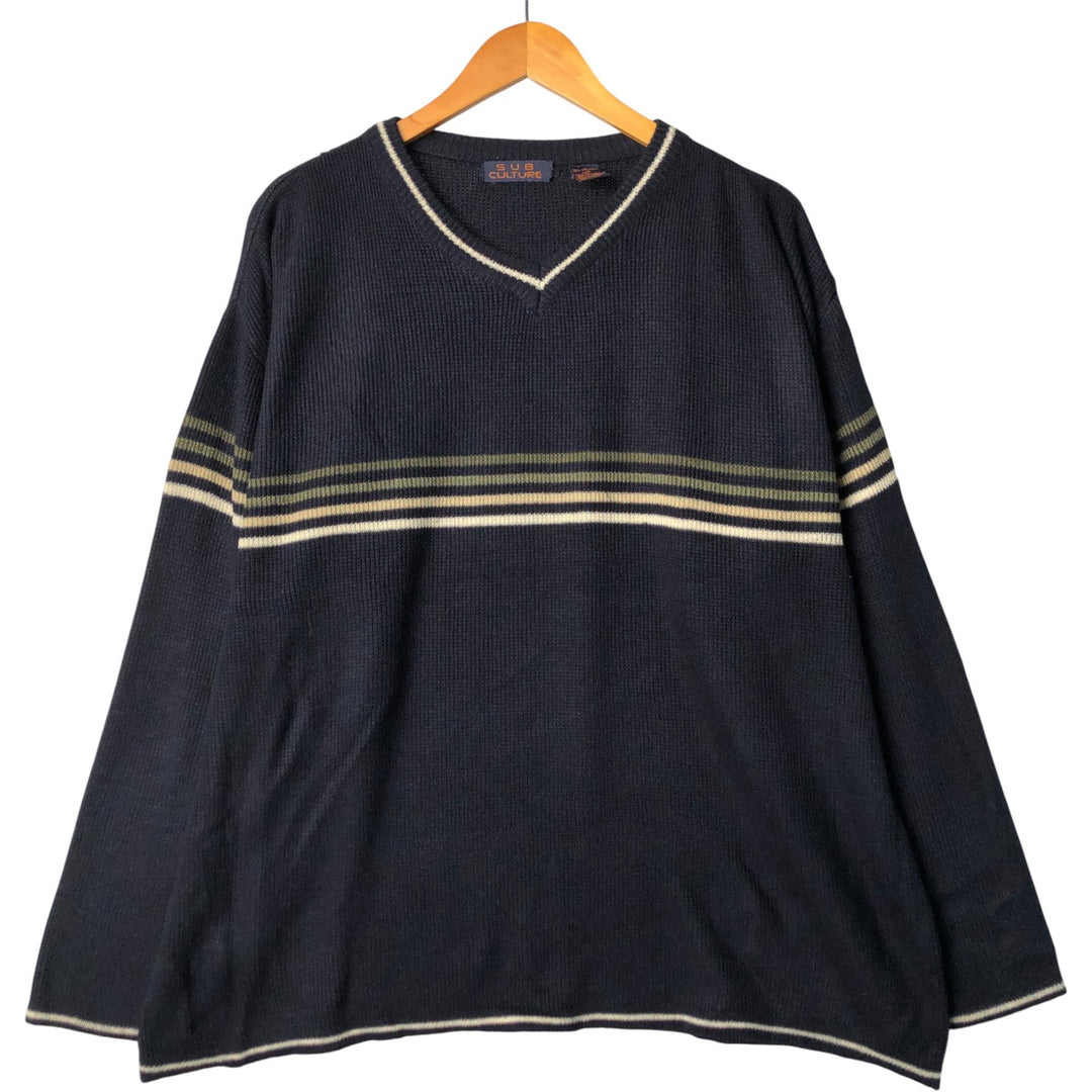 SUB CULTURE V-neck acrylic knit sweater, men's size XXL acrylic navy blue type Vintage Second Hand