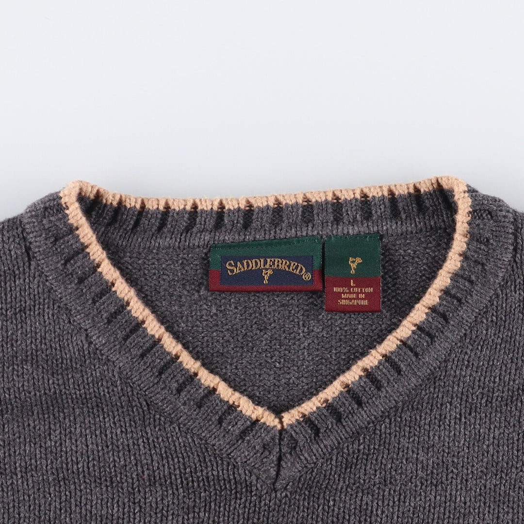 SADDLEBRED V-neck cotton knit sweater, men's size L cotton gray type Vintage Second Hand