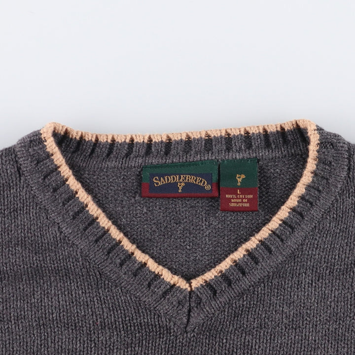 SADDLEBRED V-neck cotton knit sweater, men's size L cotton gray type Vintage Second Hand