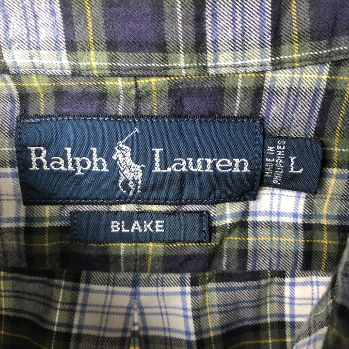 Ralph Lauren BLAKE long sleeve button down check shirt, men's size L cotton navy blue type Vintage Second Hand