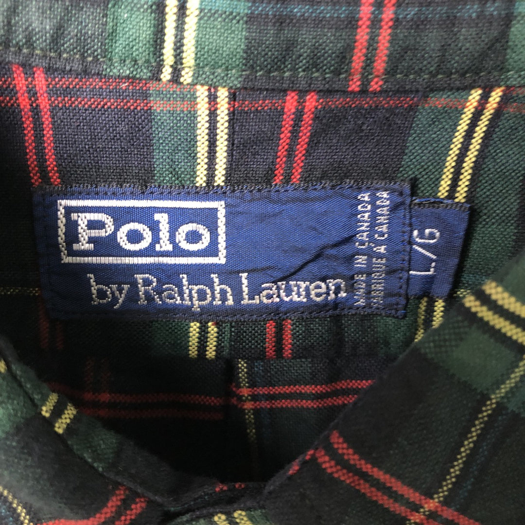 Ralph Lauren POLO by Ralph Lauren long-sleeved button-down check shirt, made in Canada, men's size L cotton Green type dark green Vintage Second Hand