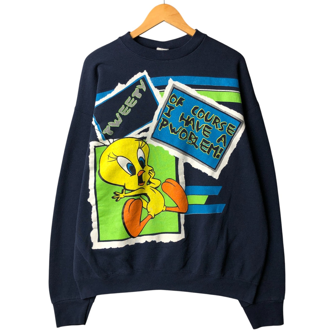 90'S Looney Tunes Tweety Large Print Character Sweatshirt Trainer Made in USA Men's XL cotton Navy blue Vintage Second Hand