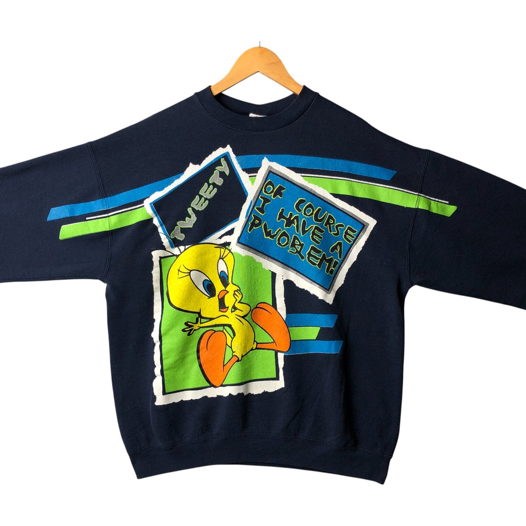 90'S Looney Tunes Tweety Large Print Character Sweatshirt Trainer Made in USA Men's XL cotton Navy blue Vintage Second Hand