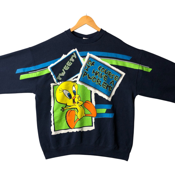 90'S Looney Tunes Tweety Large Print Character Sweatshirt Trainer Made in USA Men's XL cotton Navy blue Vintage Second Hand