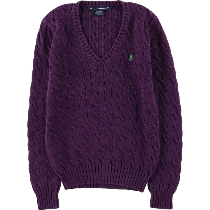 Ralph Lauren RALPH LAUREN SPORT Cable Knit V-Neck Cotton Knit Sweater, Women's Size Small cotton purple type Vintage Second Hand