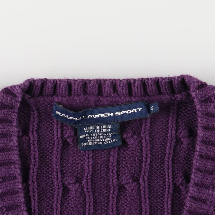 Ralph Lauren RALPH LAUREN SPORT Cable Knit V-Neck Cotton Knit Sweater, Women's Size Small cotton purple type Vintage Second Hand