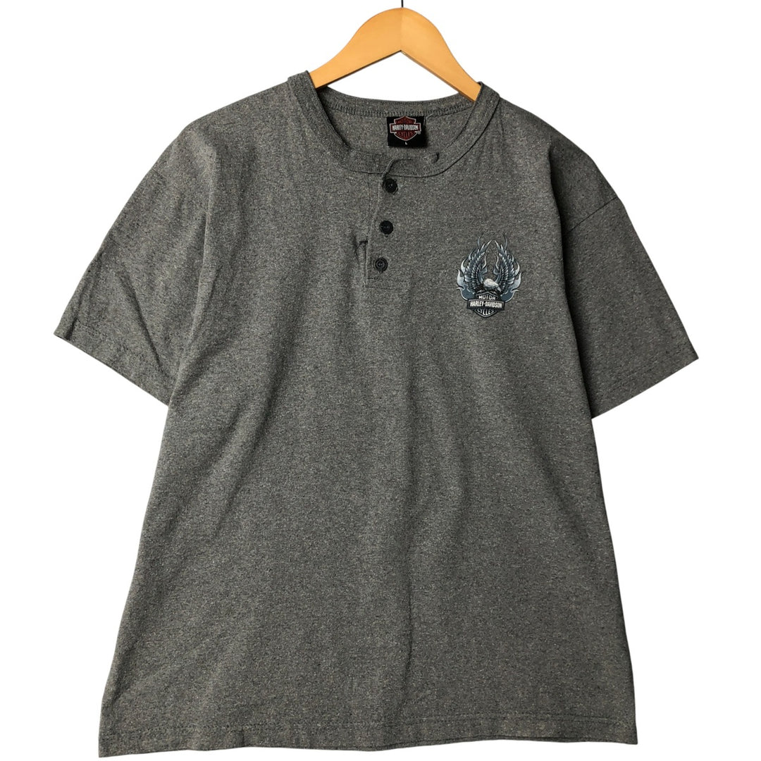 2000'S Harley-Davidson Eagle Pattern Fire Pattern Henley Neck Motorcycle Bike T-Shirt, Men's Size L cotton gray type Vintage Second Hand