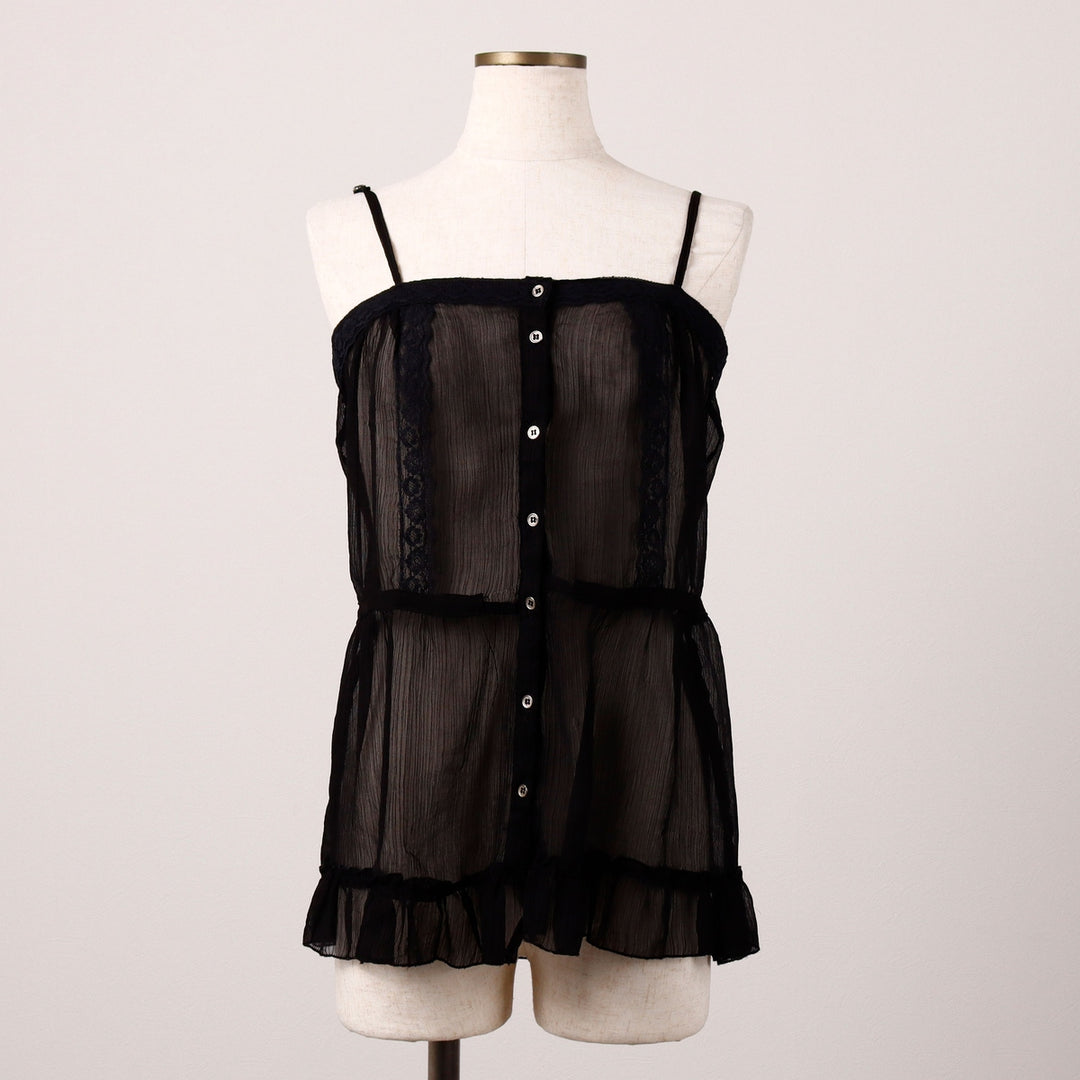 Passport Ruffle Open-Front See-Through Lingerie Camisole, Women's Size S polyester black type Vintage Second Hand