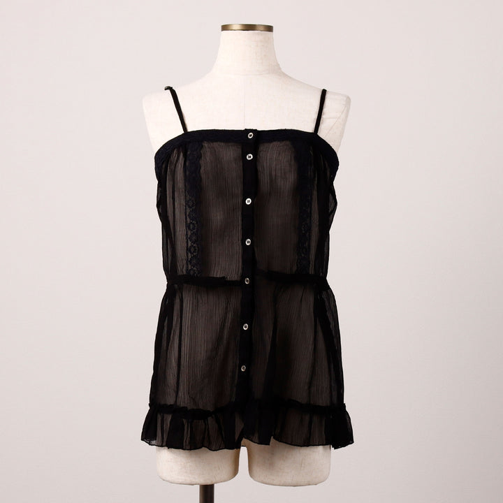 Passport Ruffle Open-Front See-Through Lingerie Camisole, Women's Size S polyester black type Vintage Second Hand