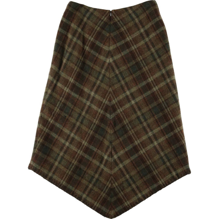 Ralph Lauren LAUREN PETITE Check Pattern Irregular Hem Wool Long A-Line Skirt, Women's Size L wool brown type Vintage Second Hand