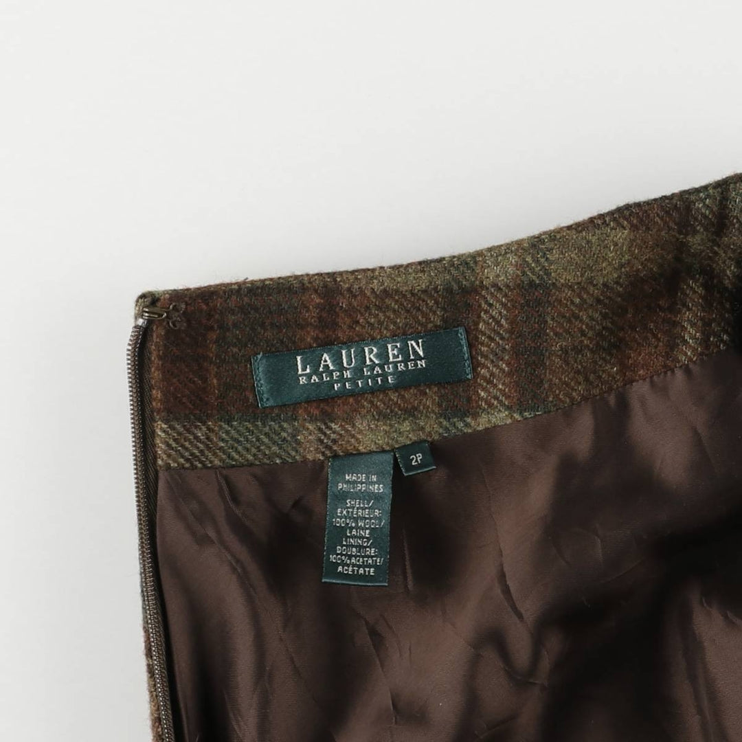 Ralph Lauren LAUREN PETITE Check Pattern Irregular Hem Wool Long A-Line Skirt, Women's Size L wool brown type Vintage Second Hand