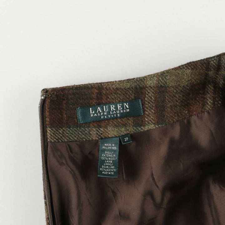 Ralph Lauren LAUREN PETITE Check Pattern Irregular Hem Wool Long A-Line Skirt, Women's Size L wool brown type Vintage Second Hand
