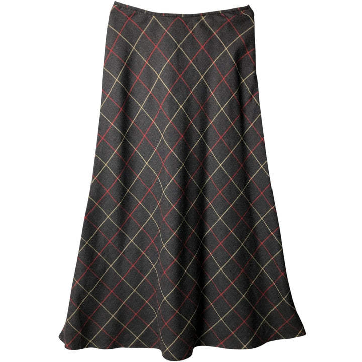 Liz Claiborne LIZPORT Check Pattern Wool Long A-Line Skirt, Women's Size L wool Charcoal Vintage Second Hand