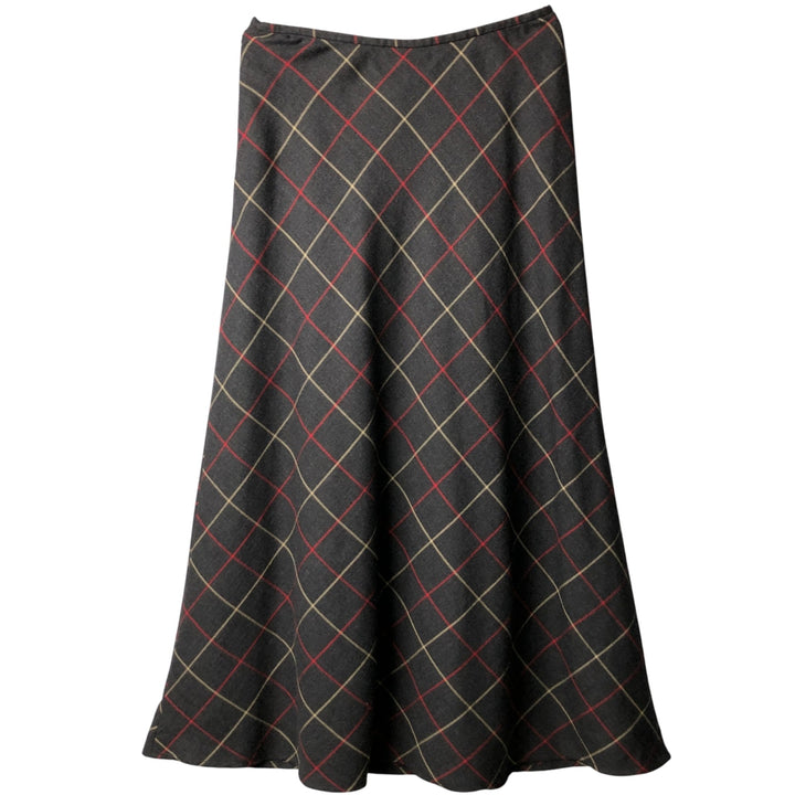 Liz Claiborne LIZPORT Check Pattern Wool Long A-Line Skirt, Women's Size L wool Charcoal Vintage Second Hand