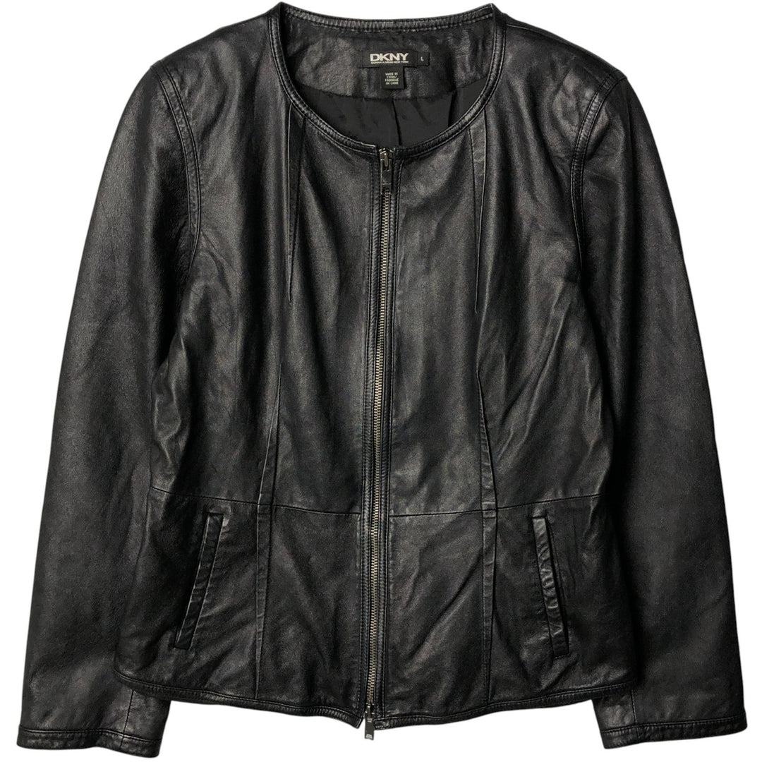 DKNY collarless leather jacket, women's size L Genuine Leather Lamb Leather black type Vintage Second Hand