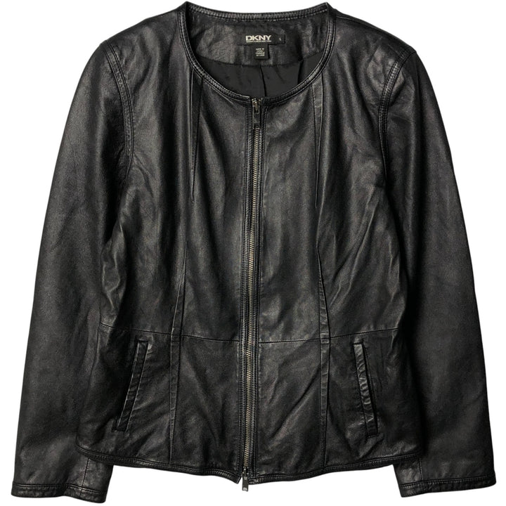 DKNY collarless leather jacket, women's size L Genuine Leather Lamb Leather black type Vintage Second Hand