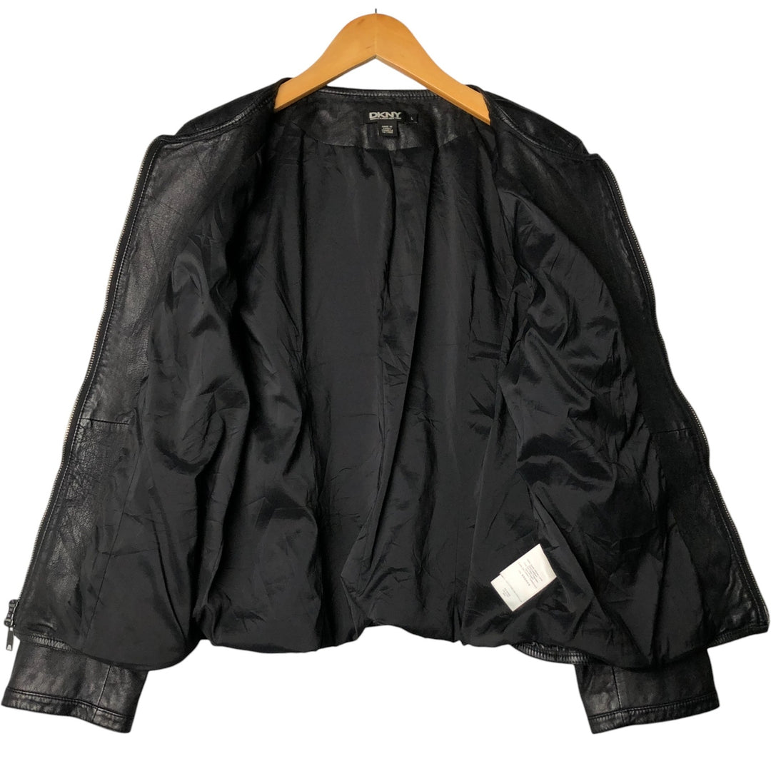 DKNY collarless leather jacket, women's size L Genuine Leather Lamb Leather black type Vintage Second Hand