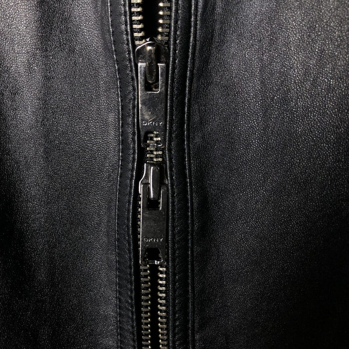 DKNY collarless leather jacket, women's size L Genuine Leather Lamb Leather black type Vintage Second Hand