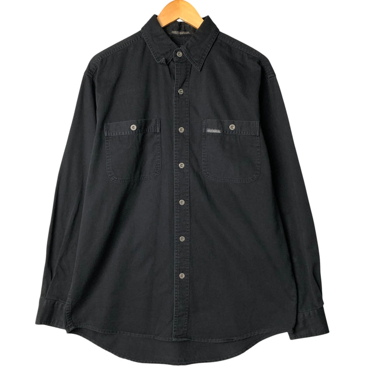 Harley-Davidson Eagle Pattern Long Sleeve Hidden Button-Down Work Shirt, Men's Size Medium cotton black type Vintage Second Hand