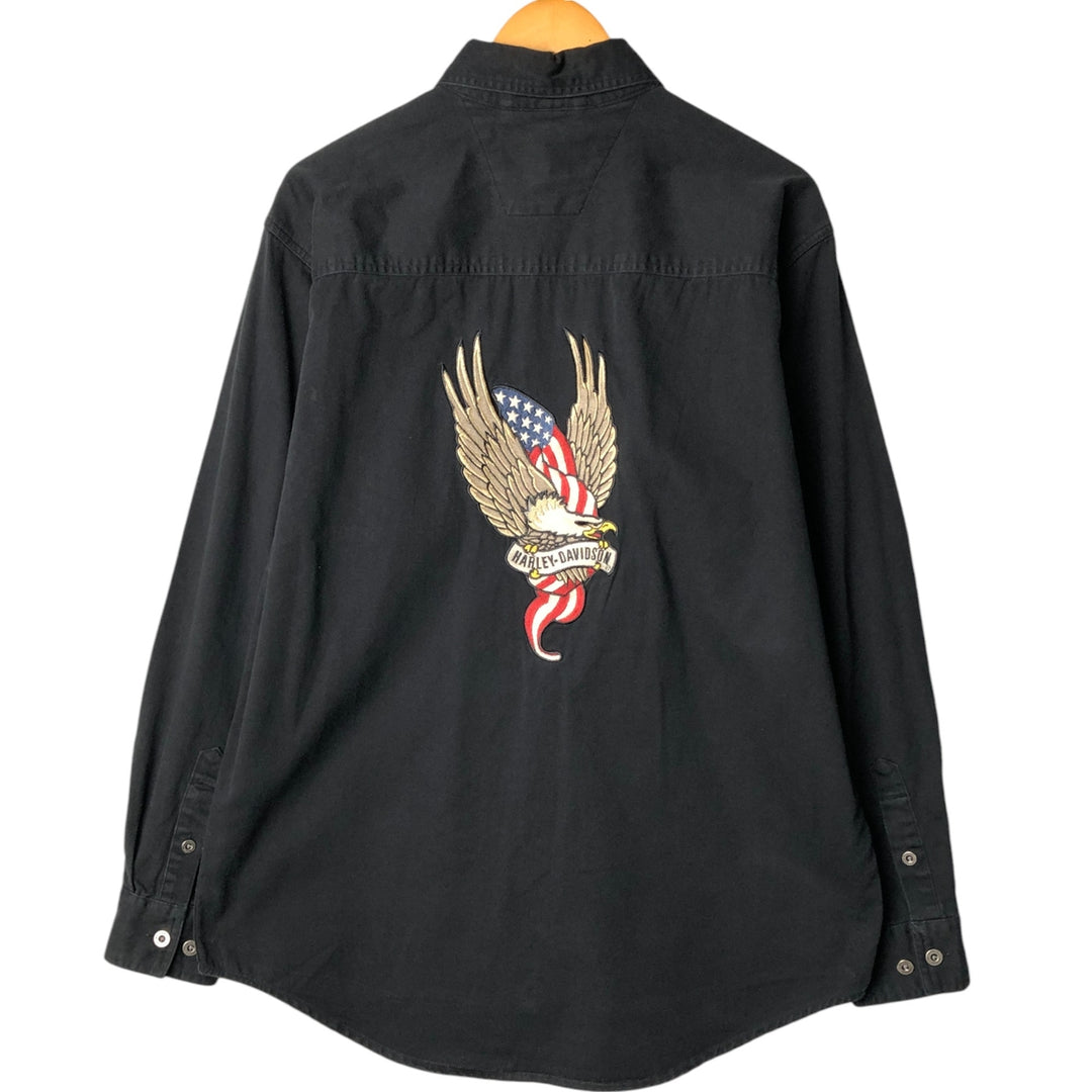 Harley-Davidson Eagle Pattern Long Sleeve Hidden Button-Down Work Shirt, Men's Size Medium cotton black type Vintage Second Hand