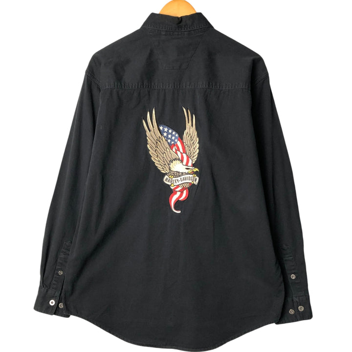 Harley-Davidson Eagle Pattern Long Sleeve Hidden Button-Down Work Shirt, Men's Size Medium cotton black type Vintage Second Hand