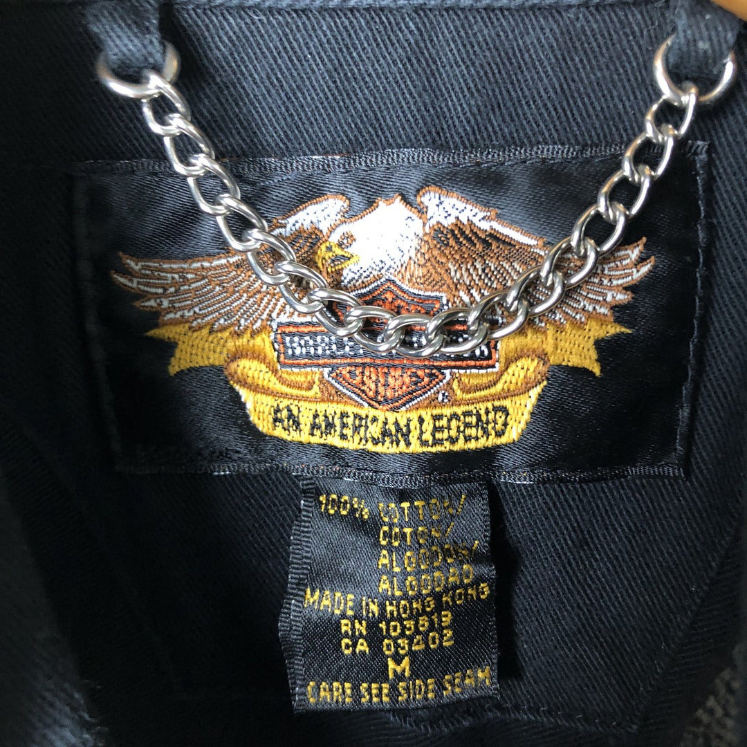 Harley-Davidson Eagle Pattern Long Sleeve Hidden Button-Down Work Shirt, Men's Size Medium cotton black type Vintage Second Hand