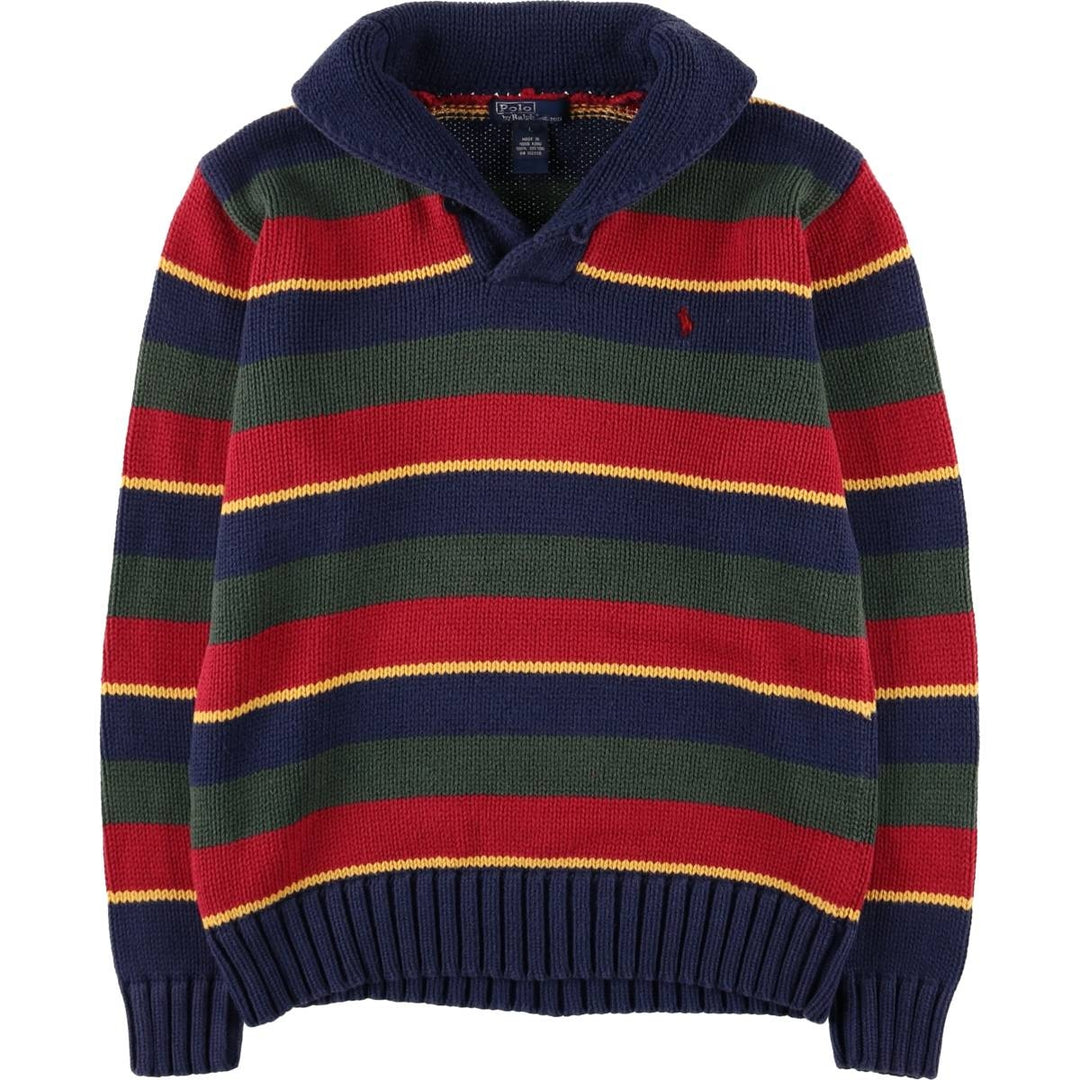 POLO by Ralph Lauren Striped Pattern Shawl Collar Cotton Knit Half-Button Sweater, Women's Size L cotton navy blue type Vintage Second Hand