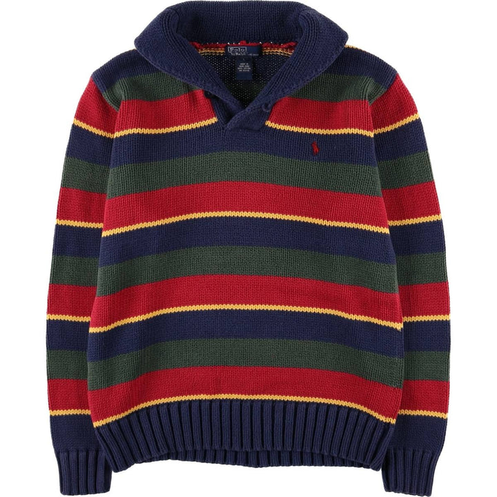 POLO by Ralph Lauren Striped Pattern Shawl Collar Cotton Knit Half-Button Sweater, Women's Size L cotton navy blue type Vintage Second Hand