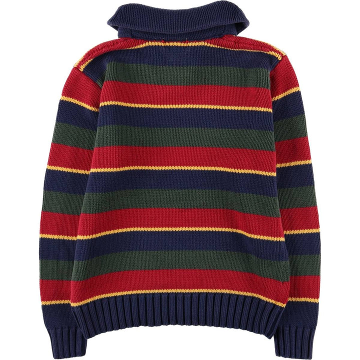 POLO by Ralph Lauren Striped Pattern Shawl Collar Cotton Knit Half-Button Sweater, Women's Size L cotton navy blue type Vintage Second Hand