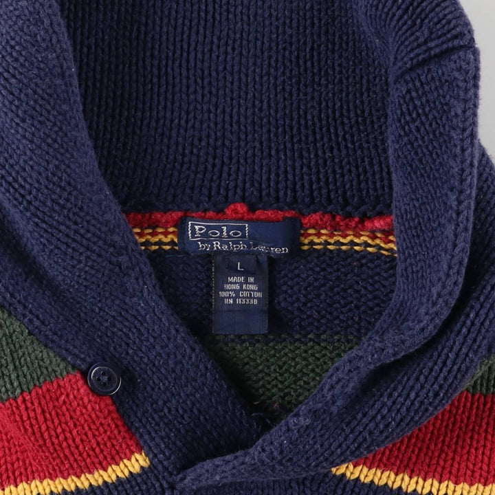 POLO by Ralph Lauren Striped Pattern Shawl Collar Cotton Knit Half-Button Sweater, Women's Size L cotton navy blue type Vintage Second Hand