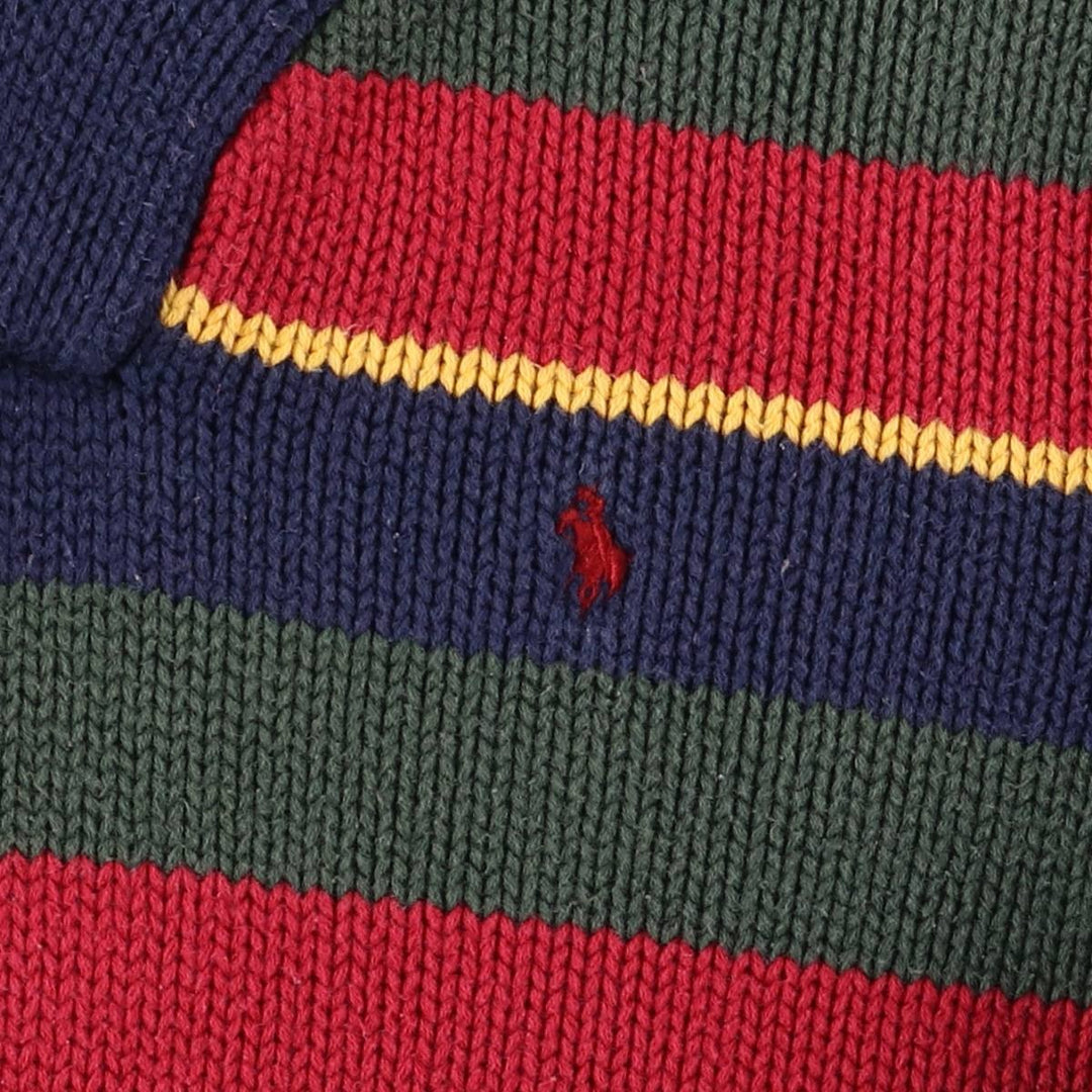 POLO by Ralph Lauren Striped Pattern Shawl Collar Cotton Knit Half-Button Sweater, Women's Size L cotton navy blue type Vintage Second Hand