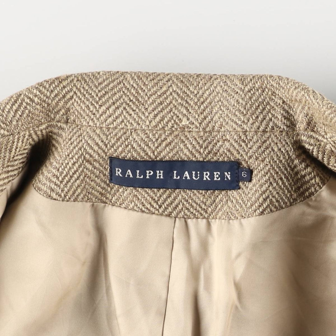 Ralph Lauren Herringbone Silk Tailored Jacket, Made in Italy, Women's Size Small silk beige type brown Vintage Second Hand