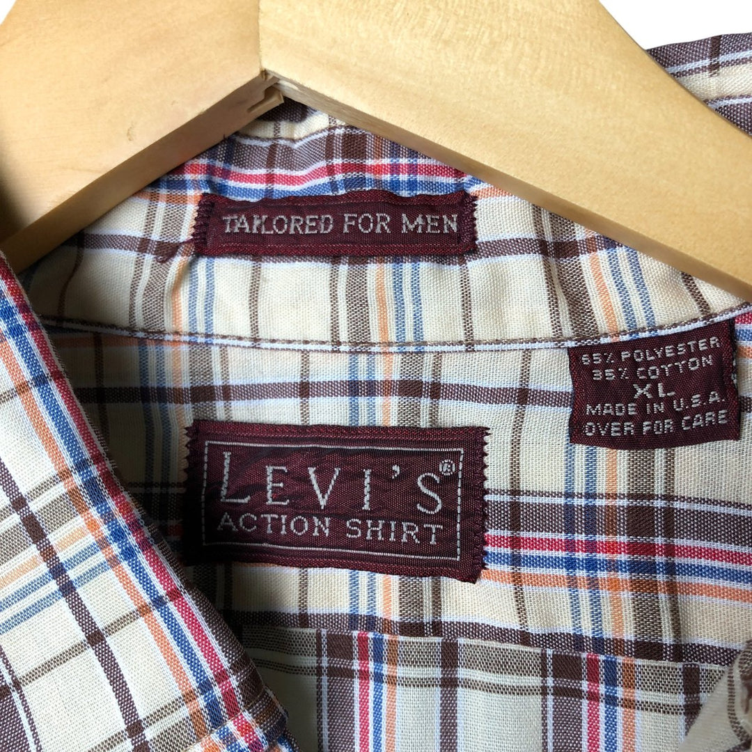 Levi's Action Shirt, Check Pattern, Long Sleeve, Polyester, Made in USA, Men's Size XL polyester Beige type Vintage Second Hand