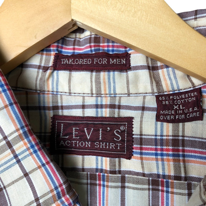 Levi's Action Shirt, Check Pattern, Long Sleeve, Polyester, Made in USA, Men's Size XL polyester Beige type Vintage Second Hand